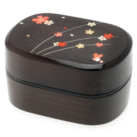 Kotobuki 2-Tiered Bento Box, Brown/Red Cherry (Sakura) Blossom