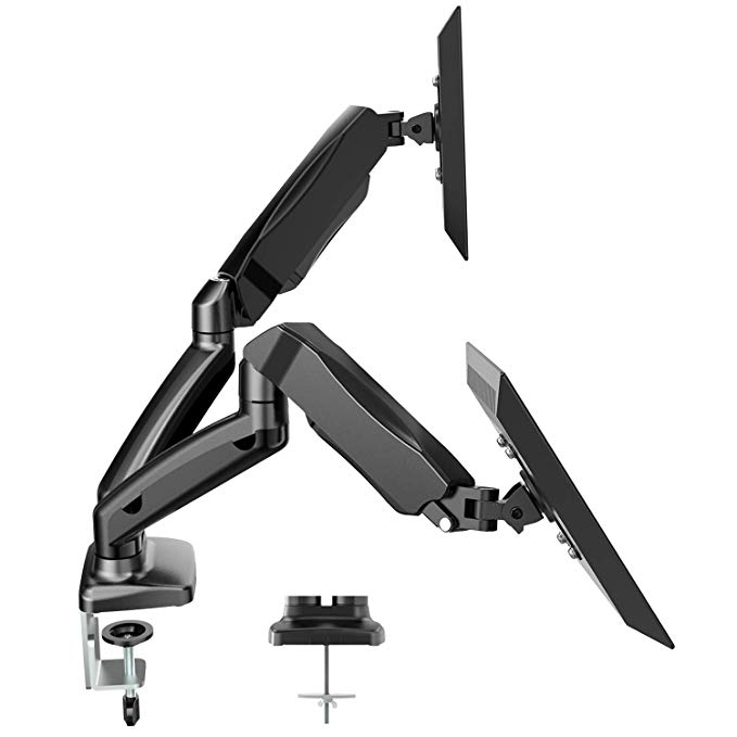 【Gas Spring】HUANUO Dual Monitor Arm PC Desk Mount Bracket with Clamp - Full Motion Adjustable Monitor Riser - LCD LED Monitor Stand for 13 to 27” Screens - VESA 75/100