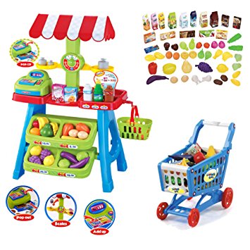 deAO Kids Market Stall Toy Shop & Shopping Trolley & Play Food