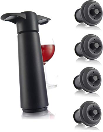 Vacu Vin Black Pump with Wine Saver stoppers - Keeps wine fresh for up to 10 days (Black 4 Stoppers)