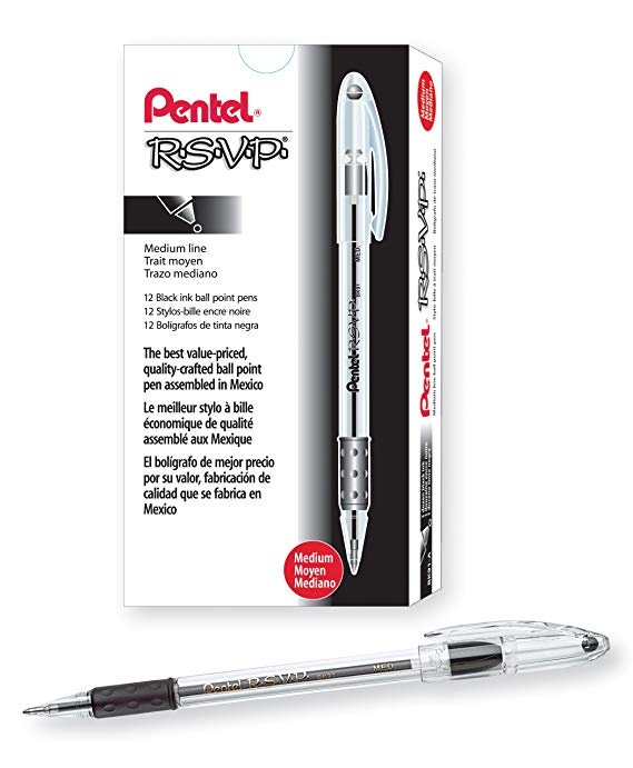 Pentel BK91A R.S.V.P. Stick Ballpoint Pen, 1mm, Trans Black Barrel, Black Ink (Pack of 12)