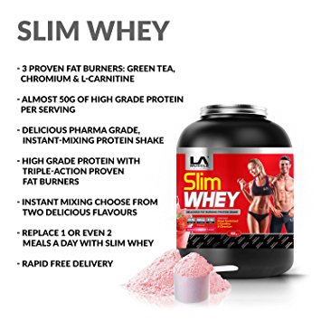 LA Muscle Slim Whey Protein Chocolate 908g. Great tasting high grade protein with 3 proven triple action fat burners. Suitable for both men and women. Available in two mouth watering and easy mixing flavours. An amazing 50g of quality protein per serving. Controls appetite. Feel better, look better, great for lean muscular gains. Reduces water retention and gets rid of any bloating. Lifetime Money Back Guarantee, Risk Free Purchase