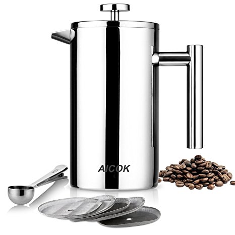 Aicok French Press Coffee Maker, Double Wall Stainless Steel Coffee Press, 8-Cup Tea Press with 5 Bonus Screens and Scoop, 34 oz / 1L