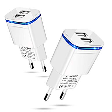 European Plug Adapter 2-Pack 2.1A/5V Europe Travel Dual USB Wall Charger Power Adapter Converter for iPhone X 8 7 6 6S Plus, iPad, Samsung, LG, Moto, HTC, More Cell Phone