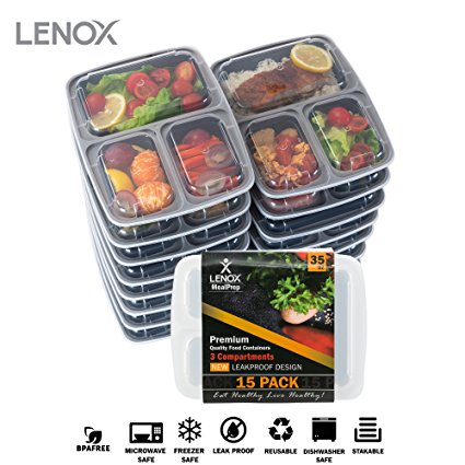 Food Storage Container 15-PACK Meal Prep Container Leak proof Lunch Containers Meal Prep Container Bento Box Container Airtight Lid Dishwasher Microwave SAFE Plastic Food Container 3 Compartments 35oz