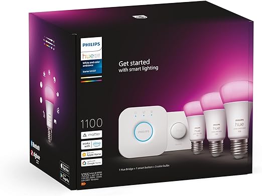 Philips Hue White and Colour Ambiance Smart Light Bulb Starter Kit, 75W - 1100 Lumen [E27 Edison Screw] 3 Bulbs   2 Smart Buttons, With Bluetooth, Works with Alexa, Google Assistant and Apple Homekit