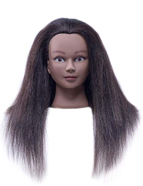 Cosmetology Mannequin Head with 100% Real Hair and Adjustable Stand 20-22” for Braiding Hair Styling Training Hairart Barber Hairdressing Fashion Salon Display African American(Black)