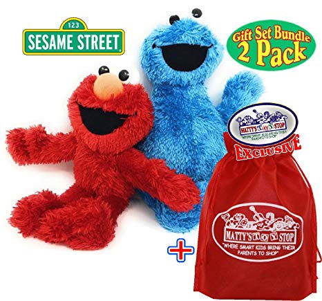 Sesame Street Playskool Plush Pals (8.5") Elmo & Cookie Monster Gift Set Bundle with Exclusive Matty's Toy Stop Storage Bag - 2 Pack