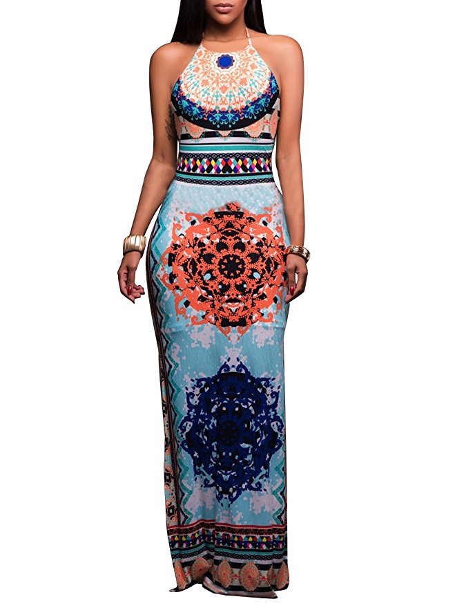Glamaker Women's Halter Strap Boho Maxi Dress with Slit Floral Print Long Dress