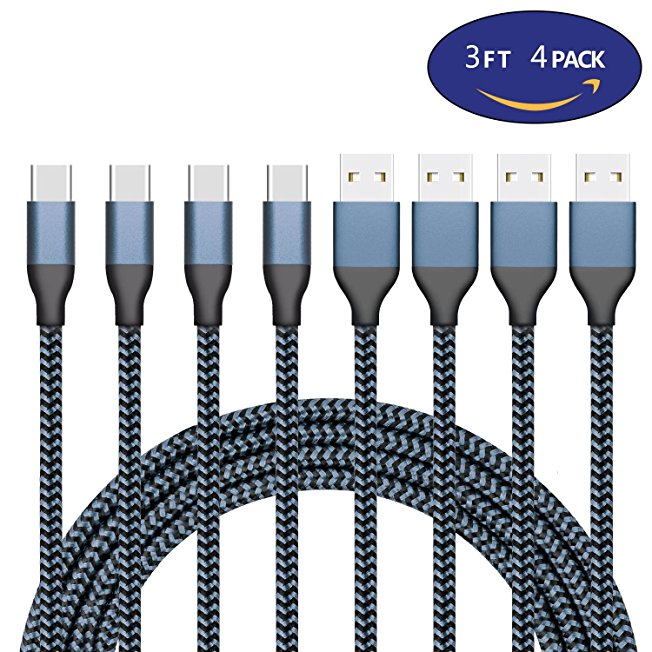 USB Type C Cable, VOMELON Nylon Braided Fast Charging Cord 4 Pack 3FT USB C Cable Charger For Galaxy S8, S8 , Macbook, Nintendo Switch, SONY XZ, LG V20 G5 G6, Htc 10, Xiaomi 5 And More-Black Gray