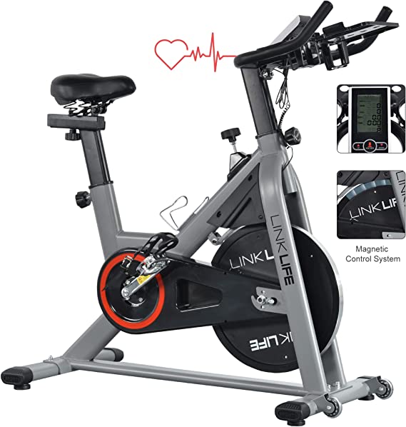 LINKLIFE Magnetic Exercise Bikes Stationary Belt Drive Indoor Cycling Bike with High Weight Capacity Adjustable Magnetic Resistance LCD Monitor