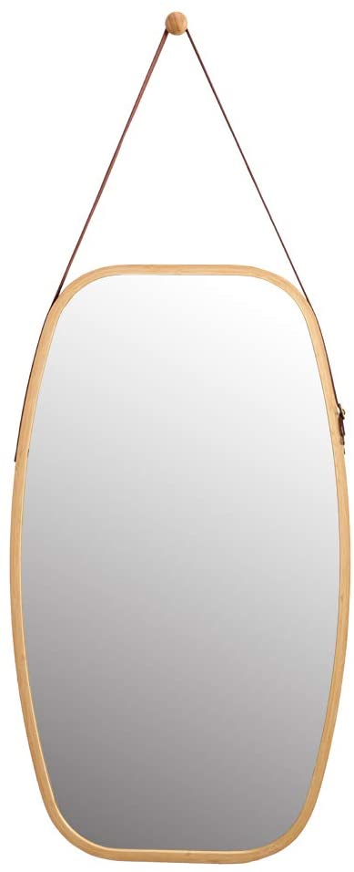 WILSHINE Bathroom Wall Hanging Mirror Bamboo Framed Rectangle Wall Mirror for Entryway Living Room with Rounded Corners and Faux Leather Strap, 29.1" x 16.9"