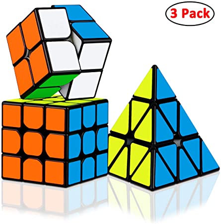 Dreampark Speed Cube Bundle (3 Pack) 2x2x2 3x3x3 Pyramid Sticker Magic Cube Set Puzzle Cube Toys for Kids and Adults