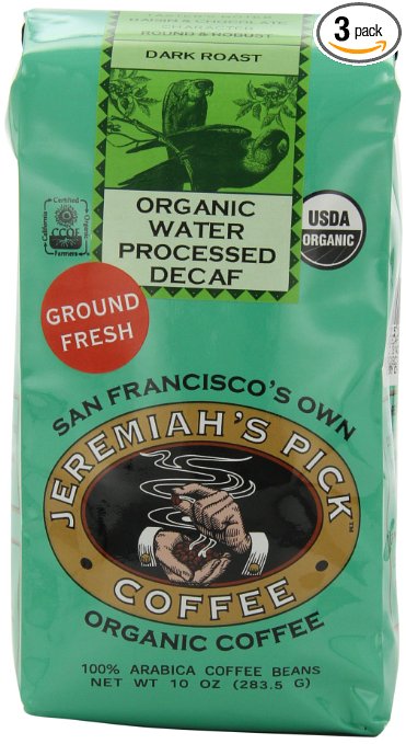 Jeremiah's Pick Coffee Organic Water Processed Dark Roast Decaf Ground Coffee, 10-Ounce Bags (Pack of 3)