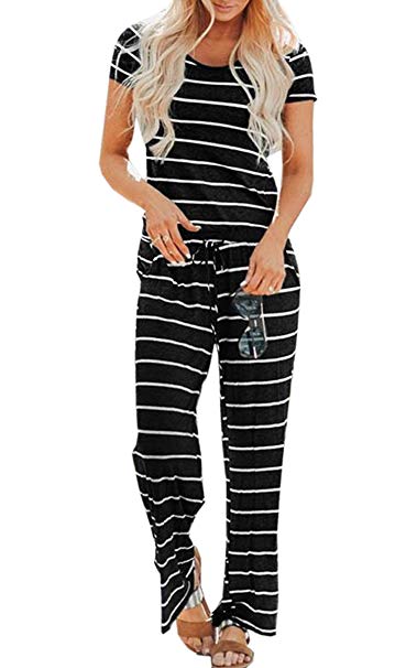 Angashion Women's Jumpsuits - Short Sleeves Round Neck Striped Wide Long Pants Romper with Pockets