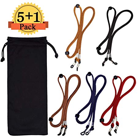 Eyeglasses Straps Chain, 5 Pcs Glasses Holder Leather Non-Slip Spectacles Cord Retainer Lanyard, with Free Storage Pouches