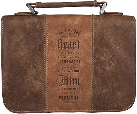 Christian Art Gifts Brown Faux Leather Classic Bible Cover | Trust in The Lord - Proverbs 3:5-6 Two-Tone Panel | Medium Bible Case Book Cover for Men/Women