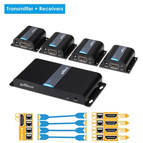 gofanco 1080p 1x4 4 port HDMI Extender Splitter over CAT5e/CAT6/CAT7 ethernet cable with IR remote control (1 in 4 out) –Up to 40m (130ft) at 1080p 60Hz