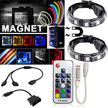 Airgoo Magnet Full Kit Computer RGB 5050 SMD 2pcs 18leds 30cm LED Strip Light with Multi Function RF Remote Controller for Desktop PC Computer Mid Tower Case(AG-MINILED-V02)