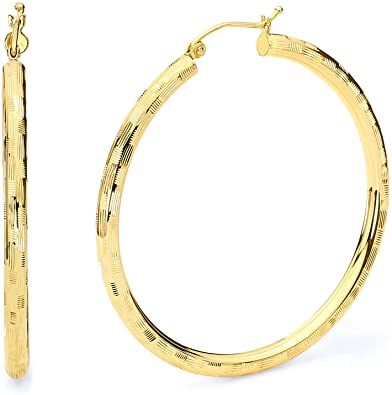 14k REAL Yellow Gold 3mm Thickness Hinged Diamond Cut Hoop Earrings - 6 Different Size Available