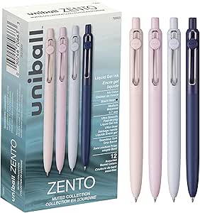 Uniball Zento Gel Ink Rollerball Pens, 12 Black Medium Point Smooth Writing Pens, Colored Japanese Pens, Muted Colors