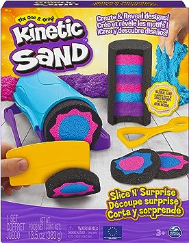 Kinetic Sand, Slice N’ Surprise Set with 13.5oz of Black, Pink and Blue Play Sand and 7 Tools, Sensory Toys for Kids Ages 3 and up