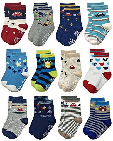 Deluxe Anti Non Skid Slip Cotton Crew Socks With Grips For Infant Baby Toddler Boys
