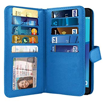 NEXTKIN Case Compatible with Samsung Galaxy J7 2017/ J7V J727 Sky Pro, Dual Wallet Folio TPU Cover, Pockets Double Flap, Card Slots Button Strap for Galaxy J7 2017 Sky Pro (NOT FIT J7 2016) - Blue