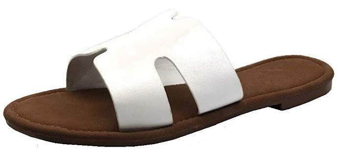 Wells Collection Womens Slip On Slide Flat Sandal with Notch Cut-Outs