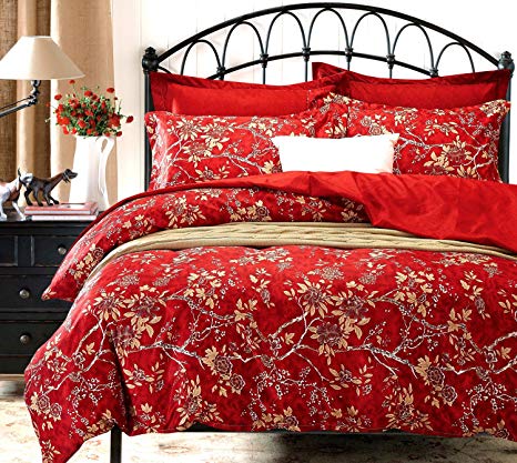 Wake In Cloud - Red Floral Duvet Cover Set, Vintage Flowers Pattern Printed, Soft Microfiber Bedding with Zipper Closure (3pcs, Queen Size)