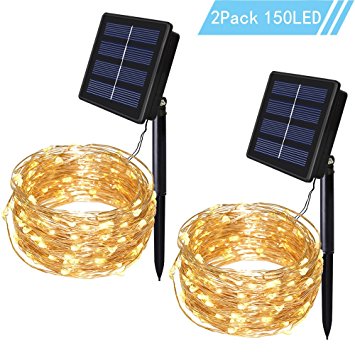 Outdoor String Lights -Solarmks Solar String Lights 150 LED Fairy Lights Waterproof Copper Wire Decorative Lighting for Christmas, Patio, Lawn, Garden Decorations,Warm White,2 of Pack