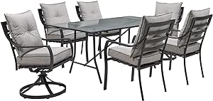 Hanover Lavallette 7-Piece Outdoor Dining Set, Modern Patio Dining Set for 6 with UV Protected Cushioned Swivel Rocker Chairs and 66'' x 38'' Glass-Top Table, Weather Resistant Frame, Silver