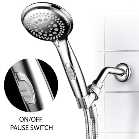 DreamSpa® 9-Setting High-Power Ultra-Luxury Handheld Shower Head with Patented ON / OFF Pause Switch and 5-7 foot Stretchable Stainless Steel Hose (Premium Chrome) Use as overhead or handshower