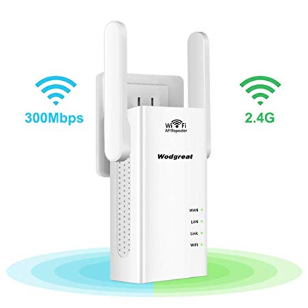 WiFi Range Extender, Wodgreat 300Mbps Wireless Repeater Internet Signal Booster Long Range WiFi Blast Adapter, High Gain Dual External Antennas, 2.4GHz Network Fully Covered, Easy to Set Up