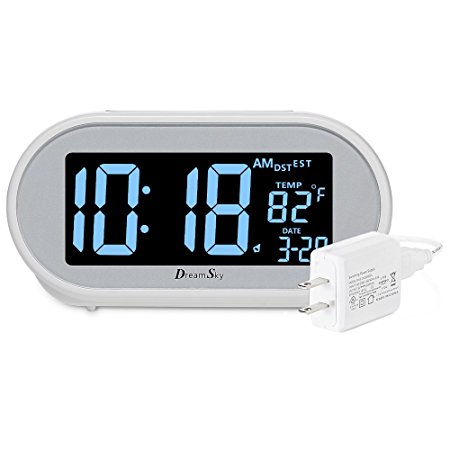 DreamSky Auto Time Set Alarm Clock With Snooze And Dimmer ,Charging Station/Phone Charger With Dual USB Port .Auto DST Setting,4 Time Zone Optional, Battery Backup.