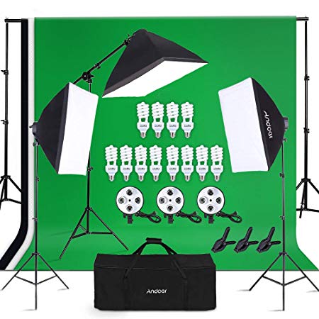 Andoer Photography Lighting-Softbox Kit with Background Support System, Photo Video Studio Stand Kit with 3 Color 6.6 x 9.8ft Backdrop(Black/White/Green) for Studio Photography and Video Lighting