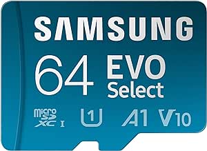 SAMSUNG EVO Select MicroSD Memory Card   Adapter, 64GB microSDXC, Speeds Up to 160 MB/s, UHS-I, C10, U1, V10, A1, Upgrade Storage for Phones, Tablets, Nintendo Switch, MB-ME64SA/AM