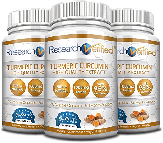 Research Verified Turmeric Curcumin - Vegan with BioPerine, 95% Standardized Curcuminoids - Natural Anti-Inflammatory, Antioxidant, Pain Relief and Antidepressant - 3 Bottles (3 Months Supply)
