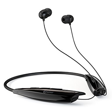 Phaiser BHS-950 Bluetooth Headphones, Retractable Neckband Earbuds with Microphone, Wireless Sweatproof Inear Earphones, Portable Cordless Stereo Headset, Blackout