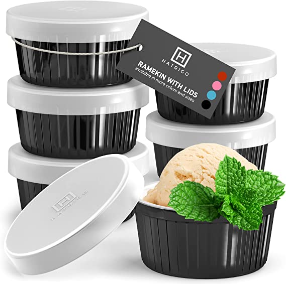 Hatrigo Porcelain Ramekins with Silicone Storage Lids, Set of 6 Black Ramekins, Ramekins 4 oz Oven Safe, 450 deg F, Dishwasher Safe