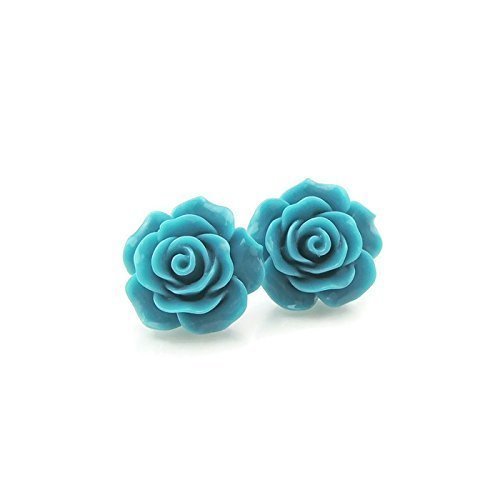 Large Rose Earrings on Plastic Posts for Metal Sensitive Ears, Dark Aqua Blue