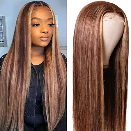 Beauty Forever Piano Color Ombre Highlight T Part Lace Closure Wigs Silk Base Fake Scalp Wig for Women ,Brazilian Remy Human Hair Straight Closure Wigs Middle Part Pre Plucked 150% Density 4/12 Color 14 Inch