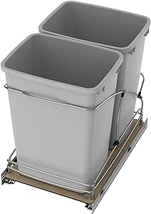 Rev-A-Shelf Steel Bottom Mount Double 35 Quart 8.75 Gallon Waste Bin Trash Container for Under Kitchen Cabinet with Soft Close, Gray, 54WC-1835SC-17-1