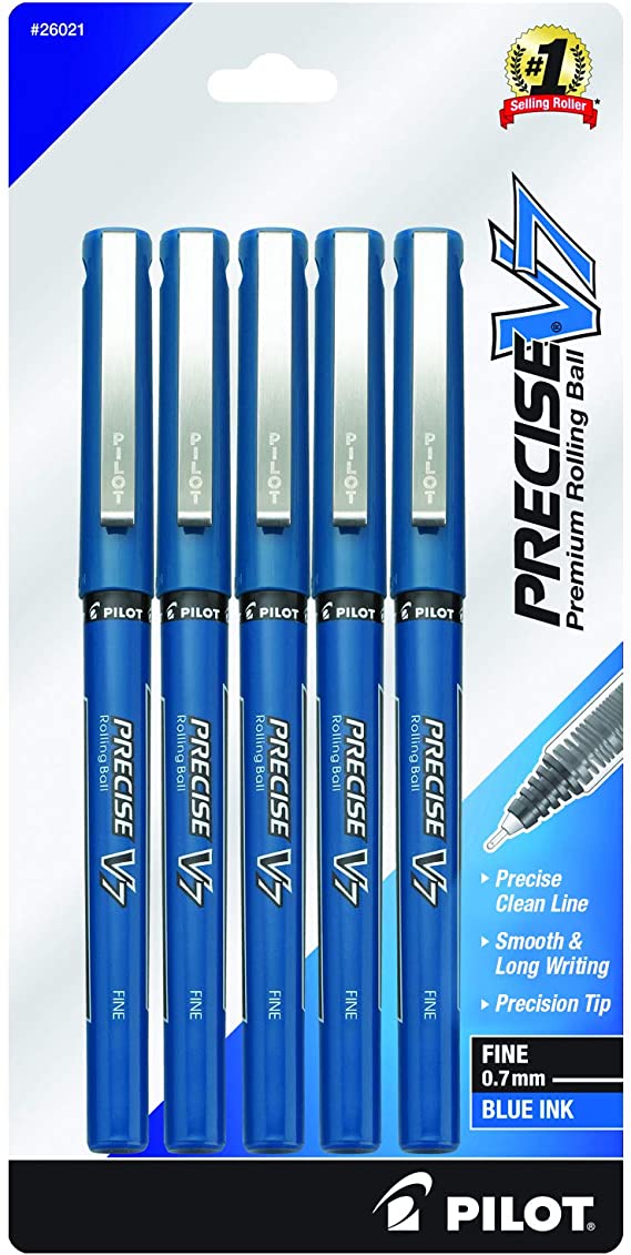 PILOT Precise V7 Stick Liquid Ink Rolling Ball Stick Pens, Fine Point (0.7mm) Blue Ink, 5-Pack (26021)