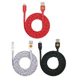Qable Powerz 6-Feet Hi-Speed Braided Flat Noodle Lightning USB Sync Cable Charger 3-Pack  RedWhiteBlack