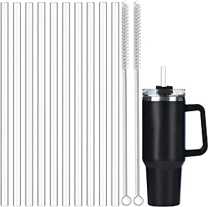 ALINK 10 Pack Replacement Straws for Stanley 40 oz 30 oz Tumbler, 12 in Long Reusable Plastic Clear Straws for Stanley Cup Accessories, Half Gallon Jug, Plus 2 Cleaning Brush