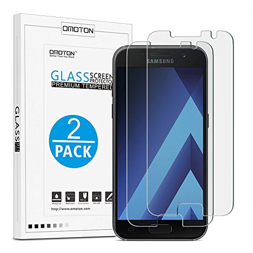 [2 Pack] Samsung Galaxy A3 2017 Screen Protector - OMOTON Tempered Glass Screen Protector for Samsung A3 (2017) with [2.5D Round Edge] [9H Hardness] [Crystal Clear] [Scratch Resist] [No-Bubble]