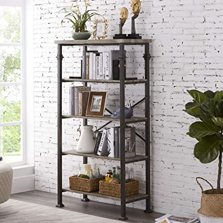 Hombazaar 5-Tier Modern Industrial Bookshelf with Sturdy Metal Frame, Large Book Shelves for Home and Office Organizer, 62.4’’Height