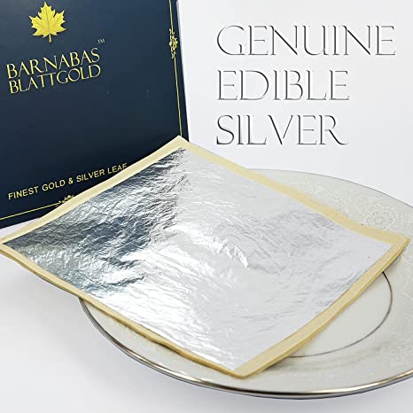 Barnabas Blattgold: Professional Quality Genuine Edible Silver Leaf Sheets, 25 Sheets, Super Large 110 x 110 mm (Loose Leaf/Interleaf Sheets)