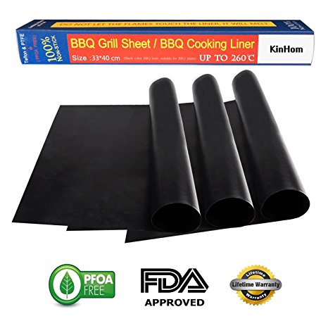 BBQ Grill Mat, KinHom 16'' x 13'' Non-stick Fiberglass Fabric Reusable Grilling Tools Heat Resistant and Dishwasher Safe Accessories Works on Gas, Charcoal and Electric Grill (3 PACK)